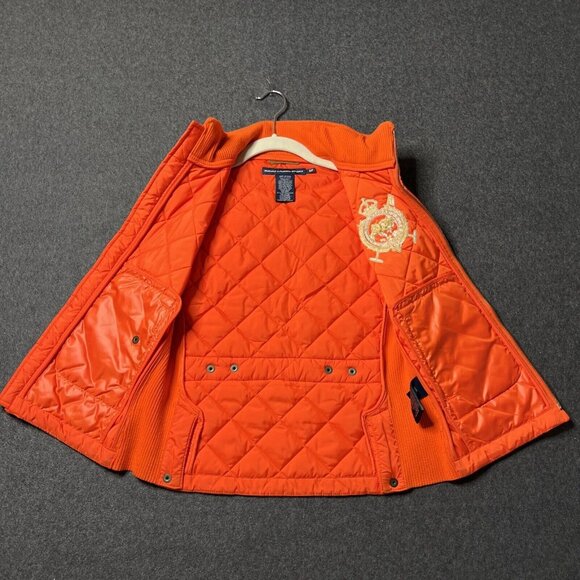 Ralph Lauren Sport Equestrian Crest Quilted Vest Orange Tan Suede Trim Womens SM - Picture 14 of 14